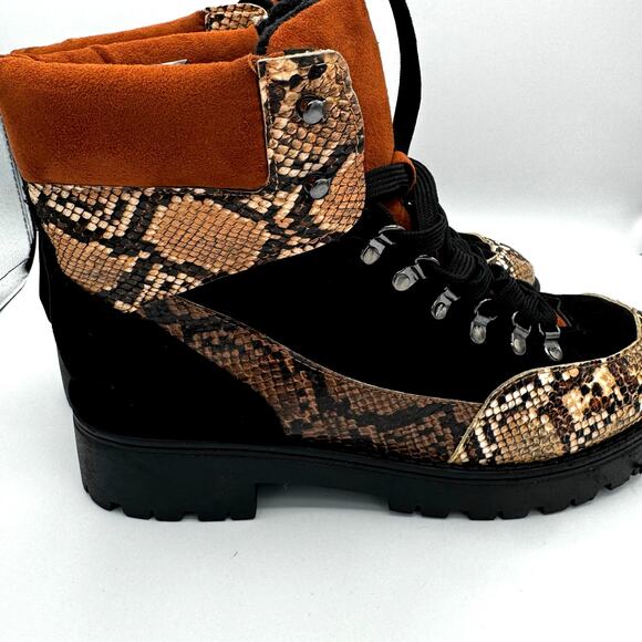 TAXI Snake Print Chunky Combat Boots 90s Grunge Street Style Black Tan wmns 10 - Picture 5 of 7